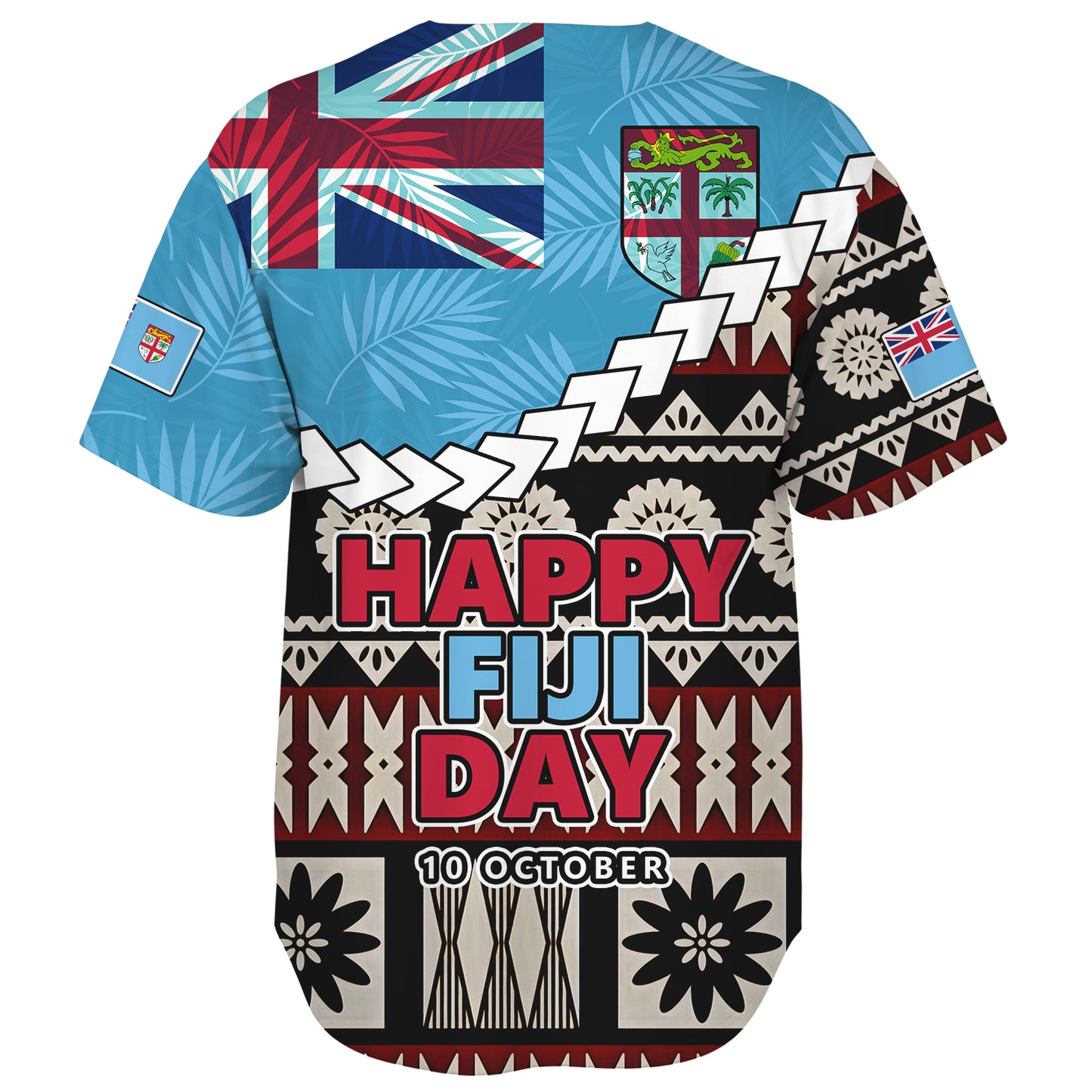 Fiji Baseball Shirt Happy Fiji Day Fijian Masi x Tropical Palm Leaf Tribal Curve Style