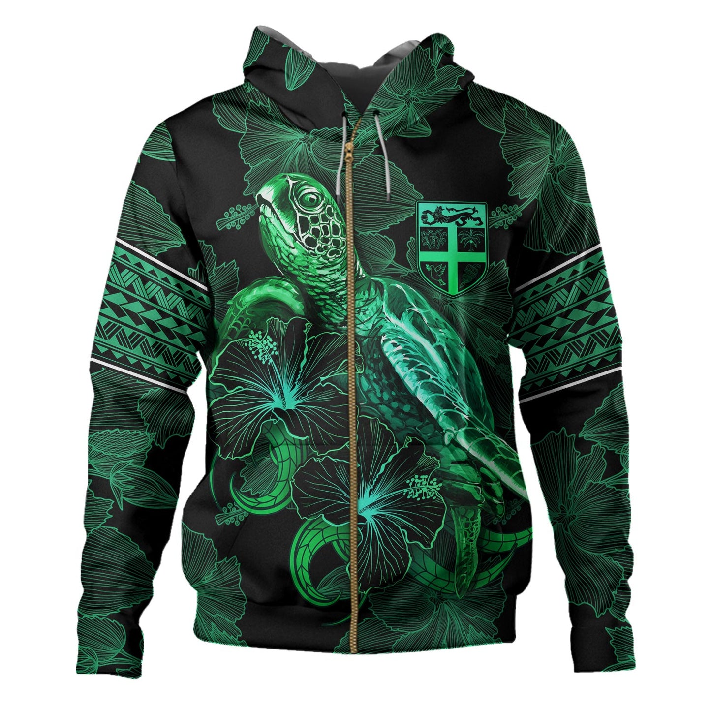 Fiji Hoodie Sea Turtle With Blooming Hibiscus Flowers Tribal Green
