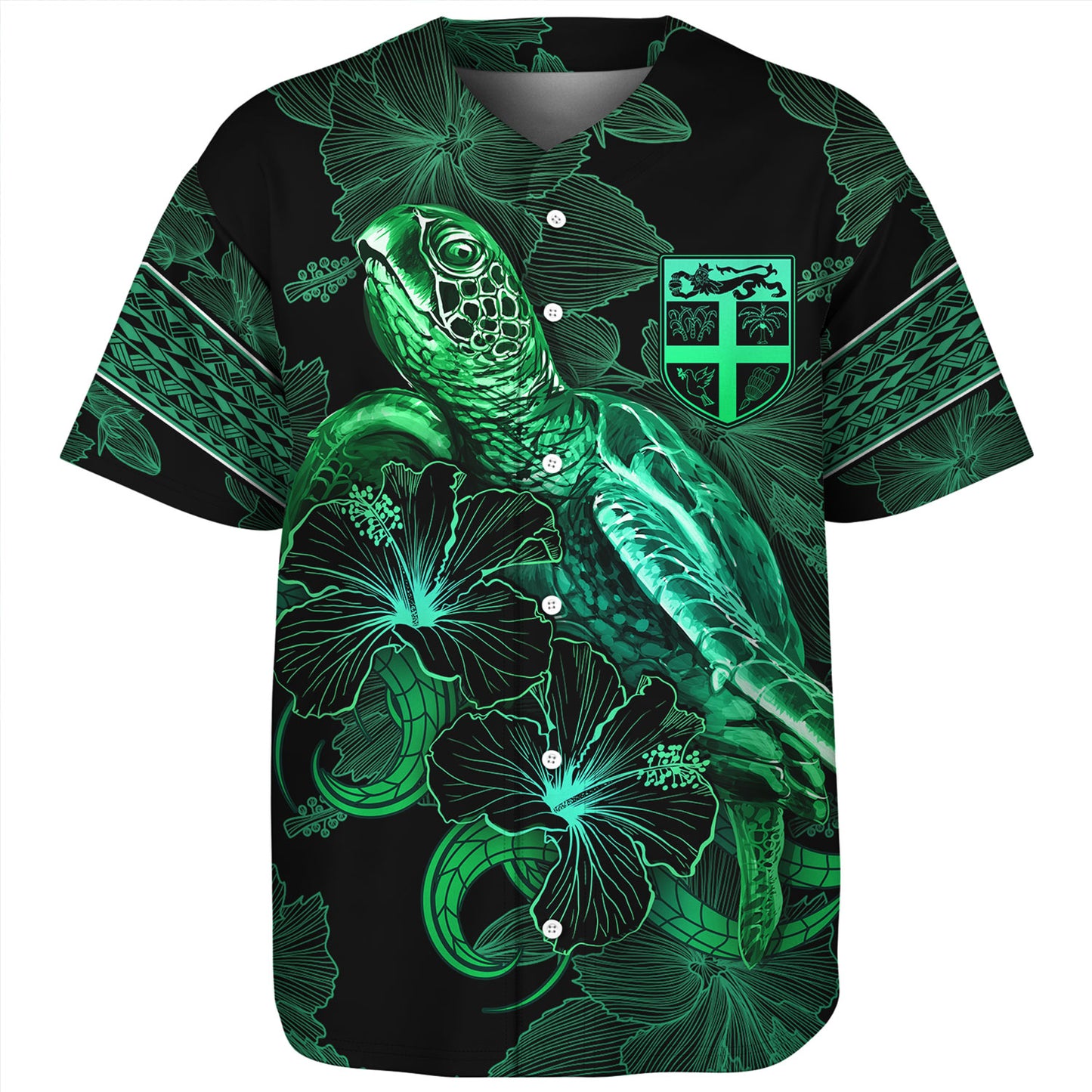 Fiji Baseball Shirt  Sea Turtle With Blooming Hibiscus Flowers Tribal Green