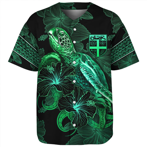 Fiji Baseball Shirt  Sea Turtle With Blooming Hibiscus Flowers Tribal Green