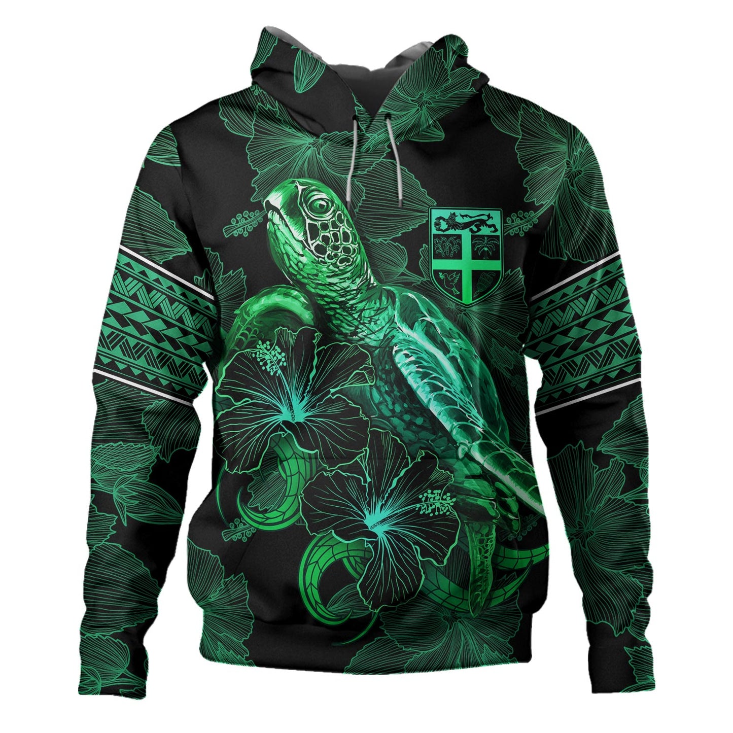 Fiji Hoodie Sea Turtle With Blooming Hibiscus Flowers Tribal Green