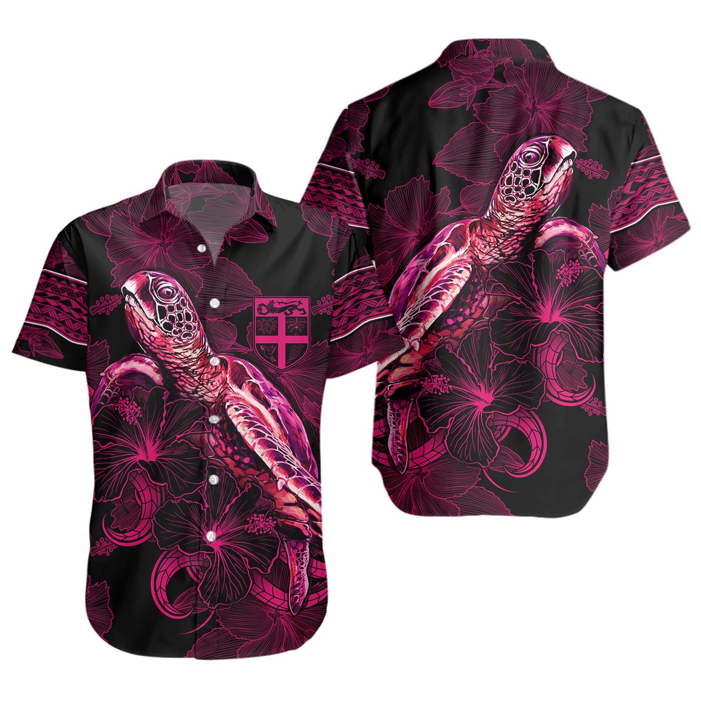 Fiji Short Sleeve Shirt Sea Turtle With Blooming Hibiscus Flowers Tribal Maroon