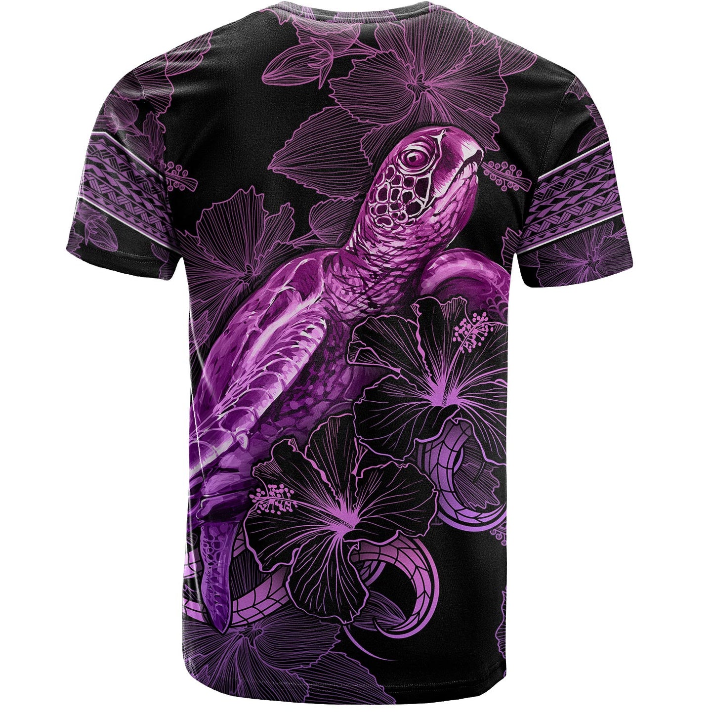 Fiji T-Shirt Sea Turtle With Blooming Hibiscus Flowers Tribal Purple