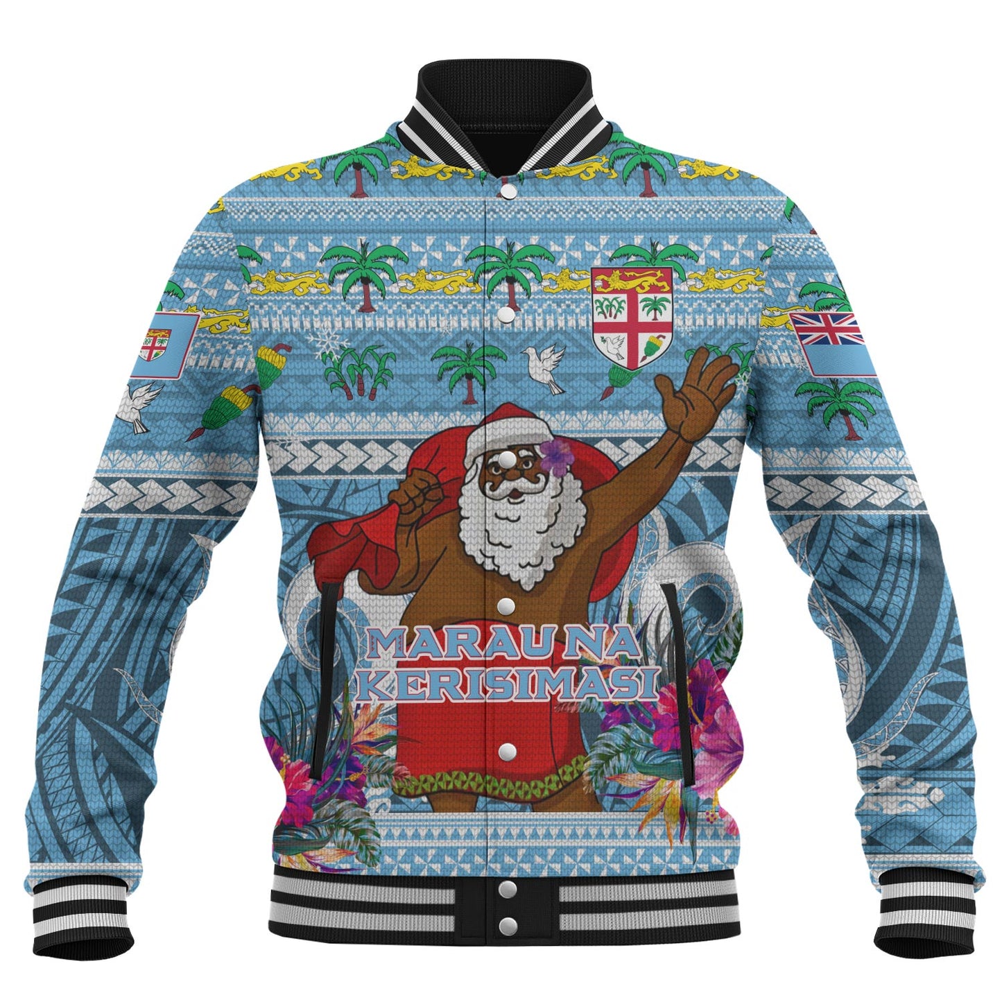 Fiji Baseball Jacket Custom Merry Christmas Bula Santa Marau na Kerisimasi Fiji
