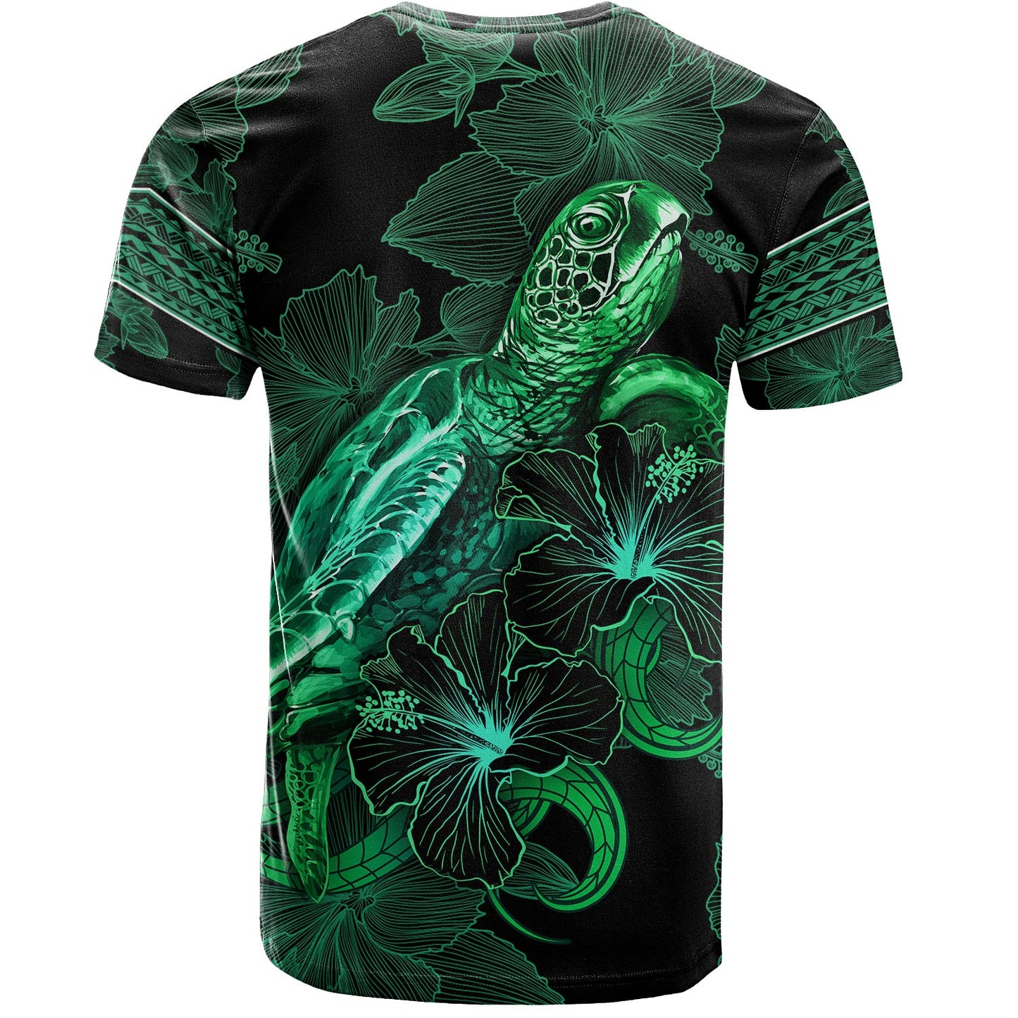 Fiji T-Shirt Sea Turtle With Blooming Hibiscus Flowers Tribal Green