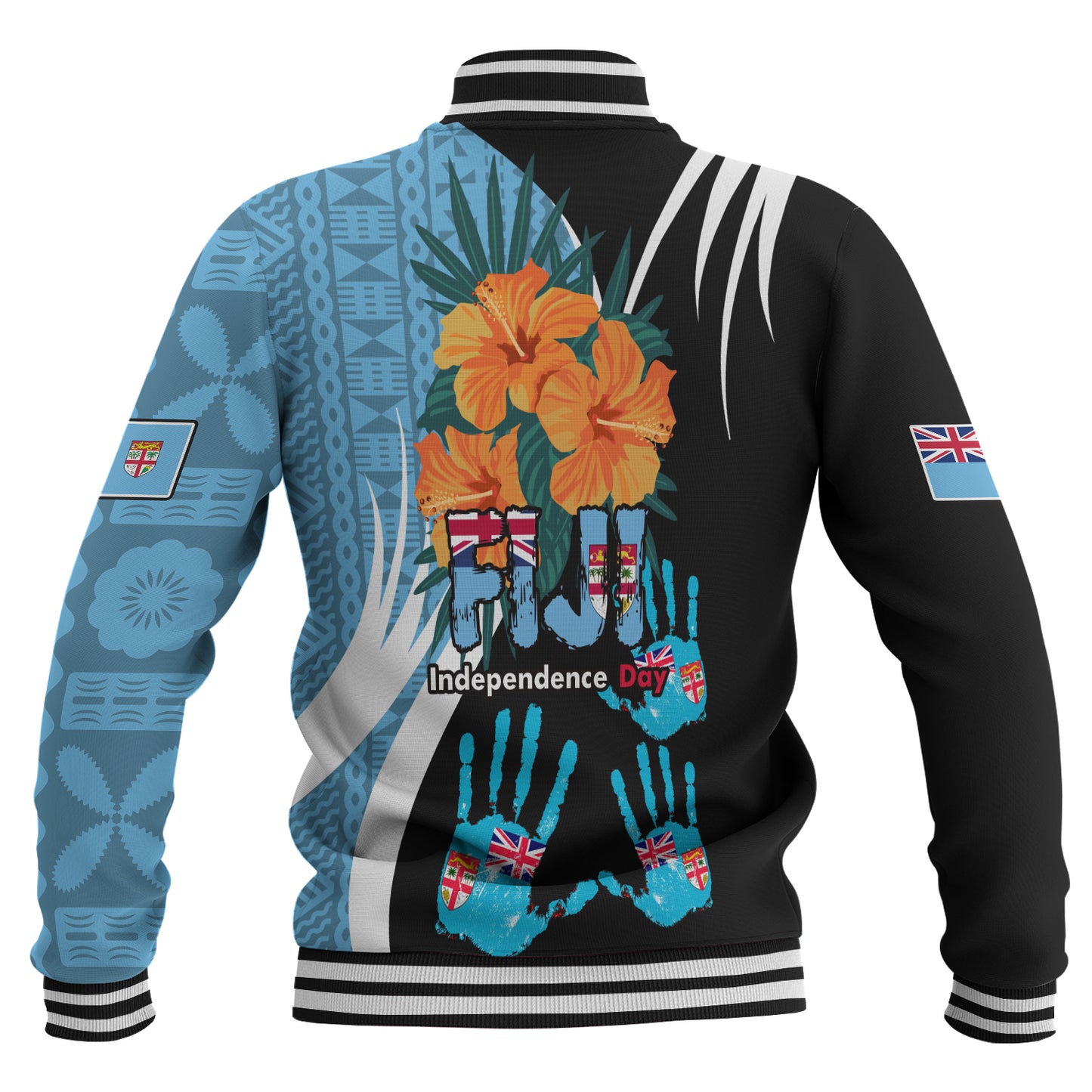 Fiji Baseball Jacket Fiji Day The Bula Spirit Fijian Hand Print Tapa Pattern Tropical Flowers