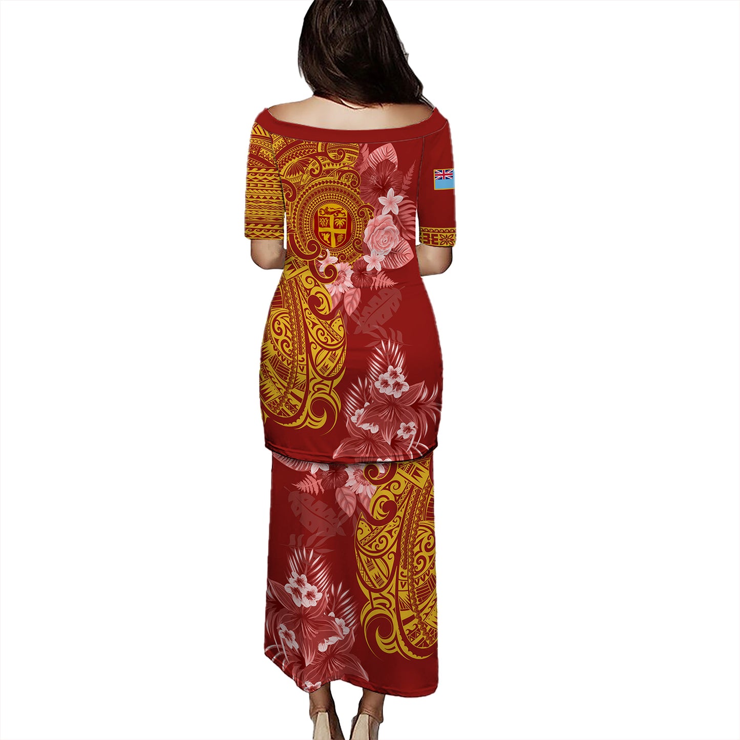 Fiji Combo Puletasi And Shirt Polynesian Tropical Plumeria Tribal Red