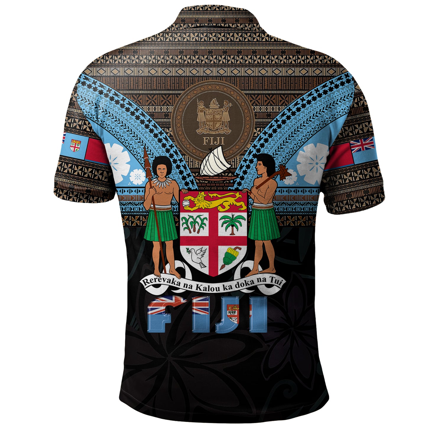 Fiji Polo Shirt Fiji Brown Masi Design With Coat Of Arms Tribal Half Black