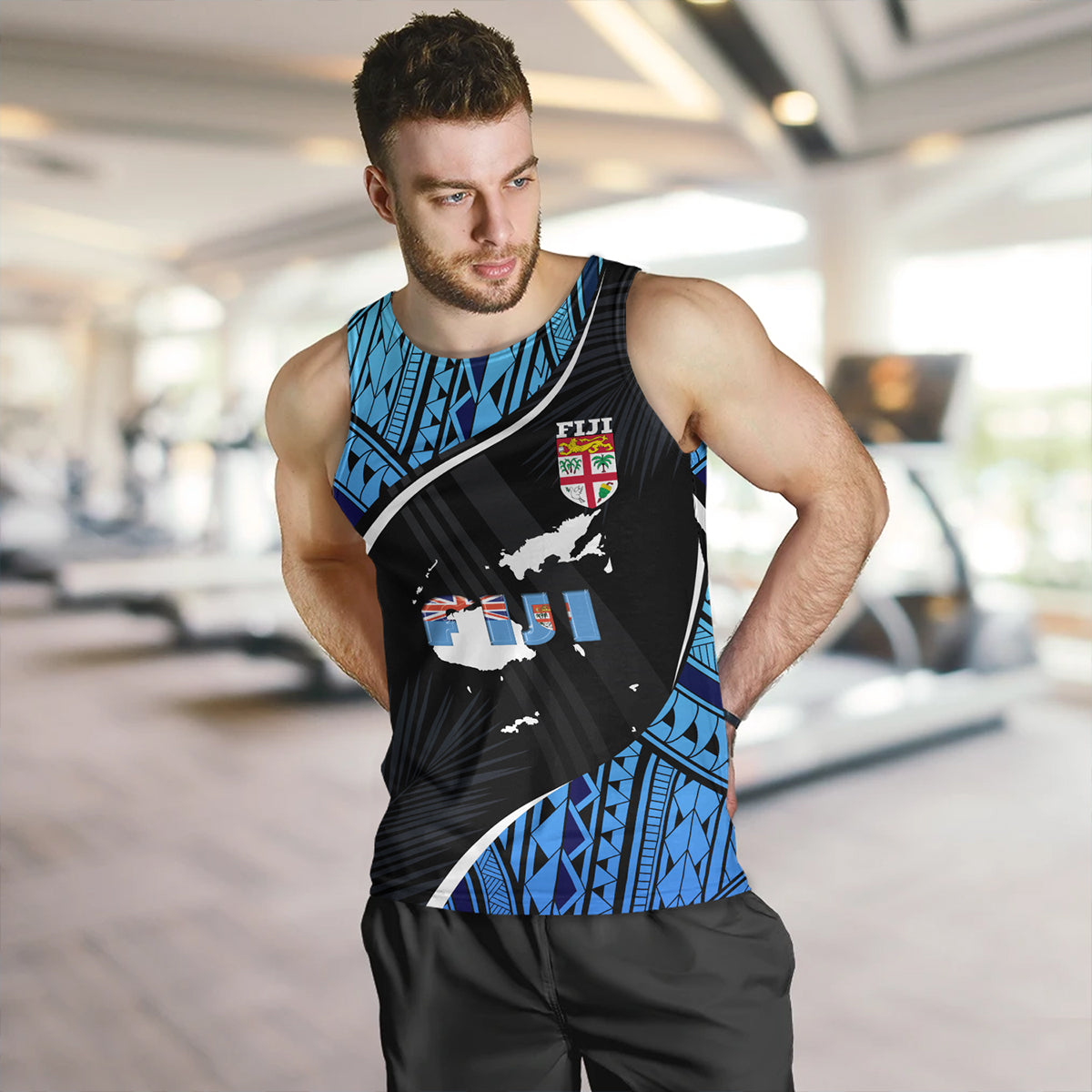 Fiji Tank Top Fiji Map With Coat Of Arms Polynesian Tatau Half Black