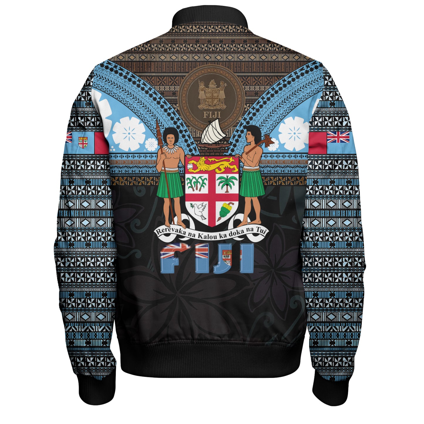 Fiji Bomber Jacket Fiji Brown Masi Design With Coat Of Arms Tribal Half Black