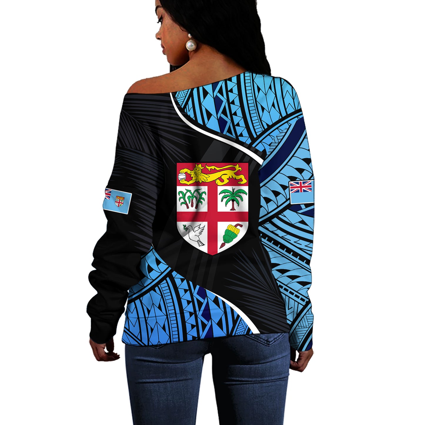 Fiji Off Shoulder Sweatshirt Fiji Map With Coat Of Arms Polynesian Tatau Half Black