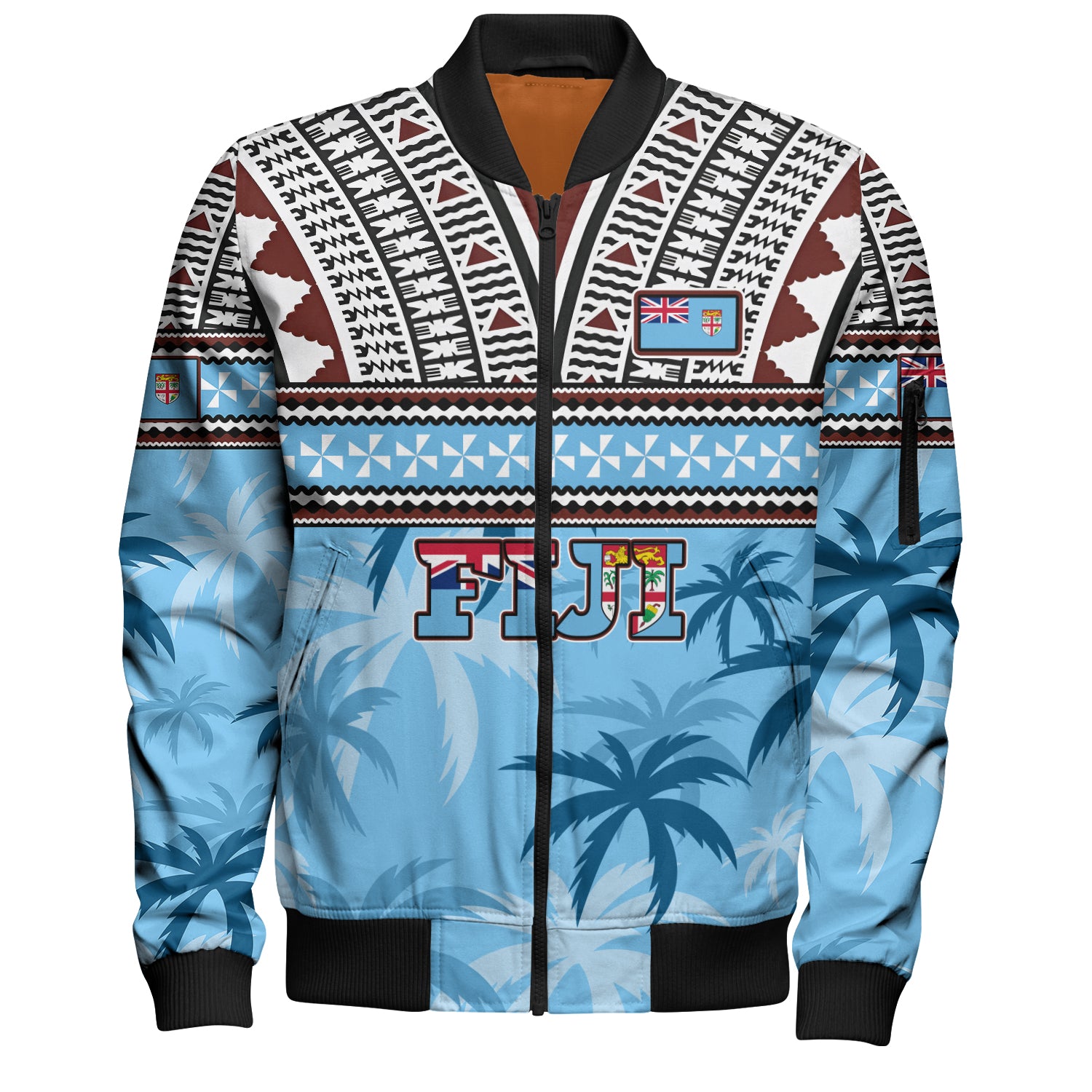Fiji Bomber Jacket Fijian Tribal Masi Design With Tropical Palm Leaves