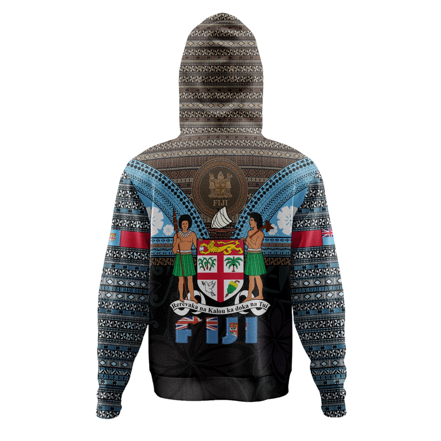Fiji Hoodie Fiji Brown Masi Design With Coat Of Arms Tribal Half Black