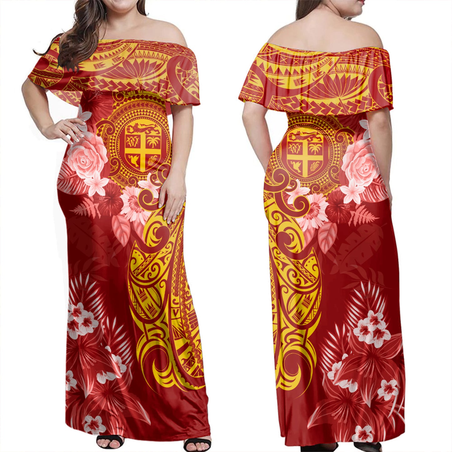 Fiji Off Shoulder Long Dress Polynesian Tropical Plumeria Tribal Red