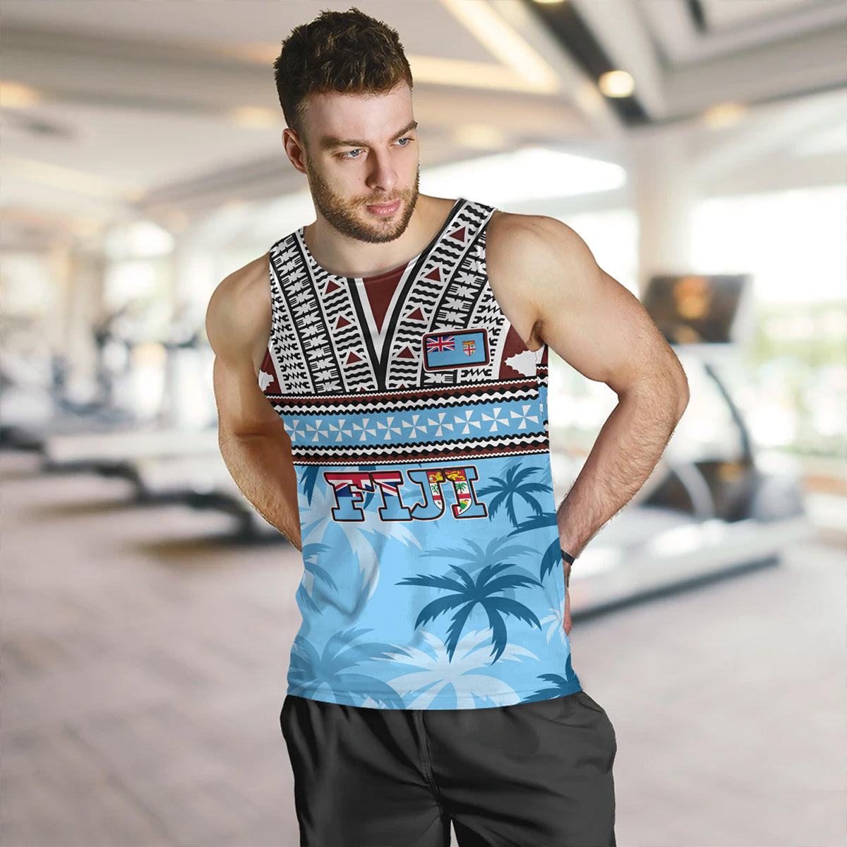 Fiji Tank Top Fijian Tribal Masi Design With Tropical Palm Leaves