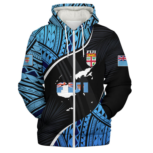 Fiji Sherpa Hoodie Fiji Map With Coat Of Arms Polynesian Tatau Half Black