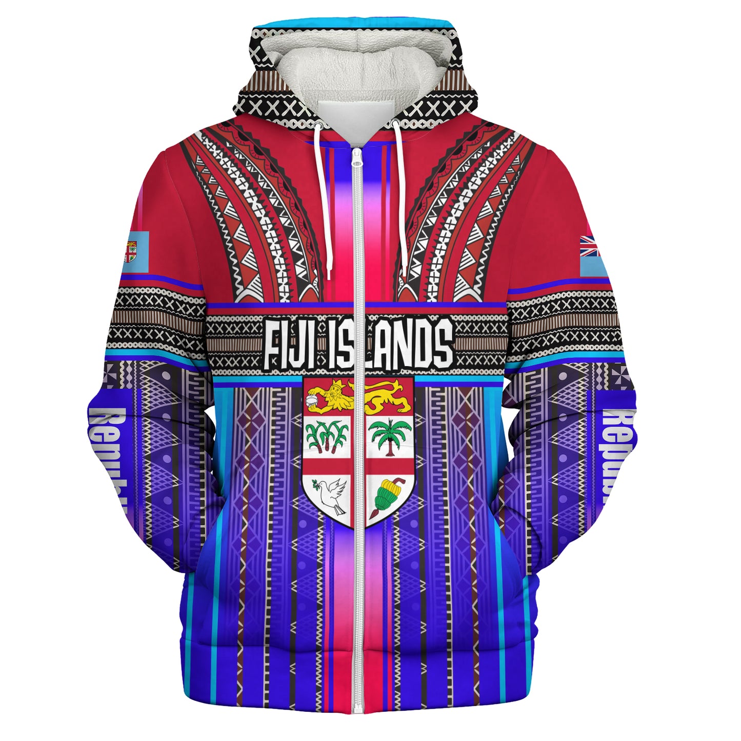 Fiji Sherpa Hoodie Fijian Traditional Masi Patterns Red