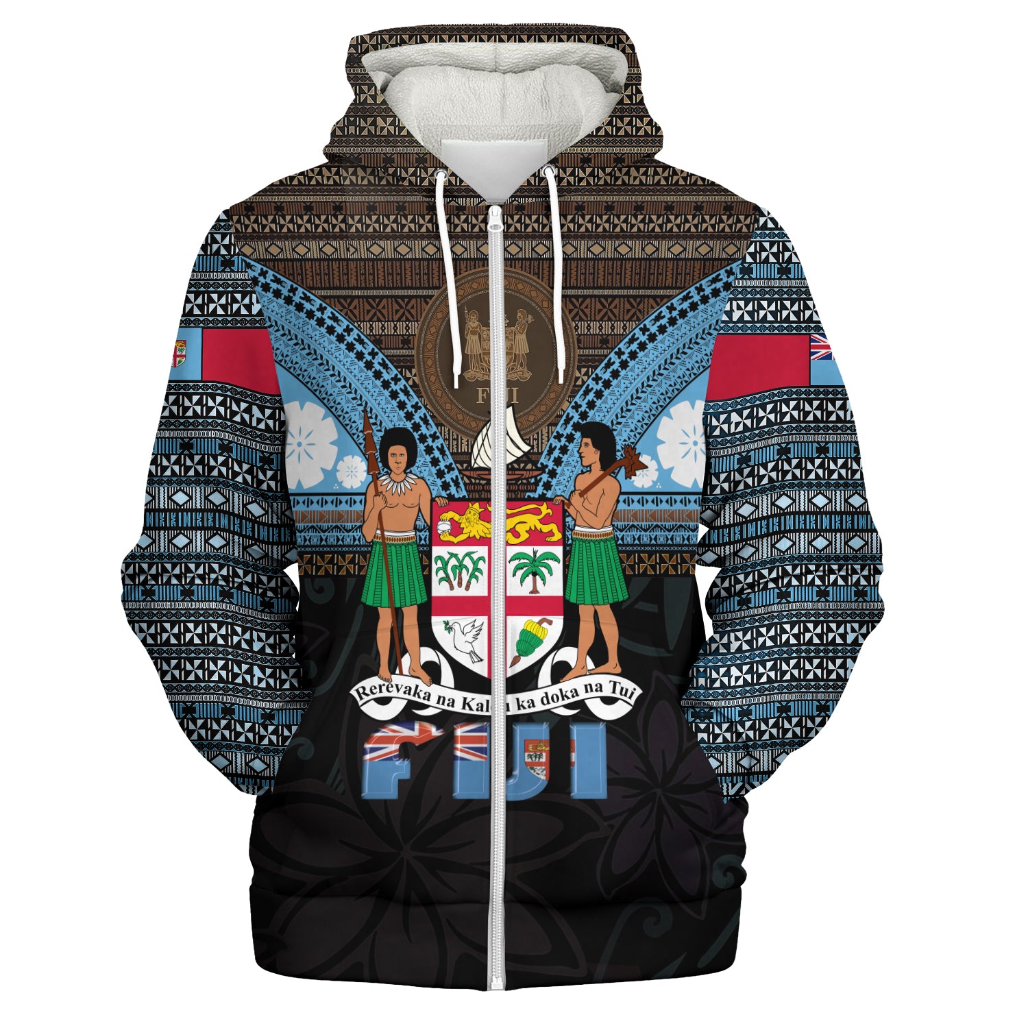 Fiji Sherpa Hoodie Fiji Brown Masi Design With Coat Of Arms Tribal Half Black