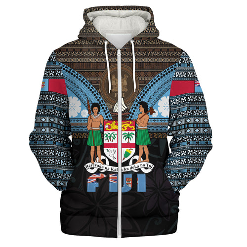 Fiji Sherpa Hoodie Fiji Brown Masi Design With Coat Of Arms Tribal Half Black