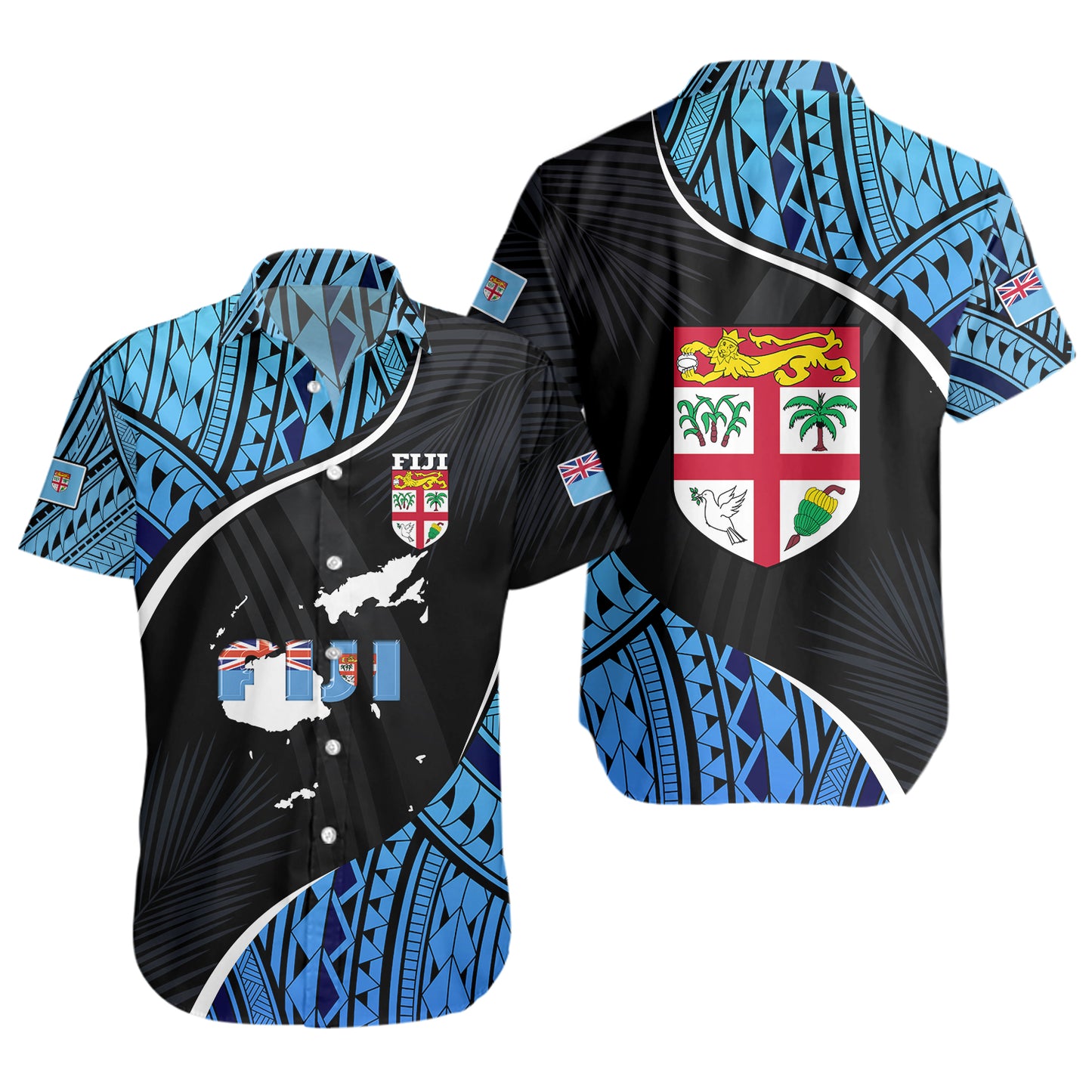 Fiji Short Sleeve Shirt Fiji Map With Coat Of Arms Polynesian Tatau Half Black
