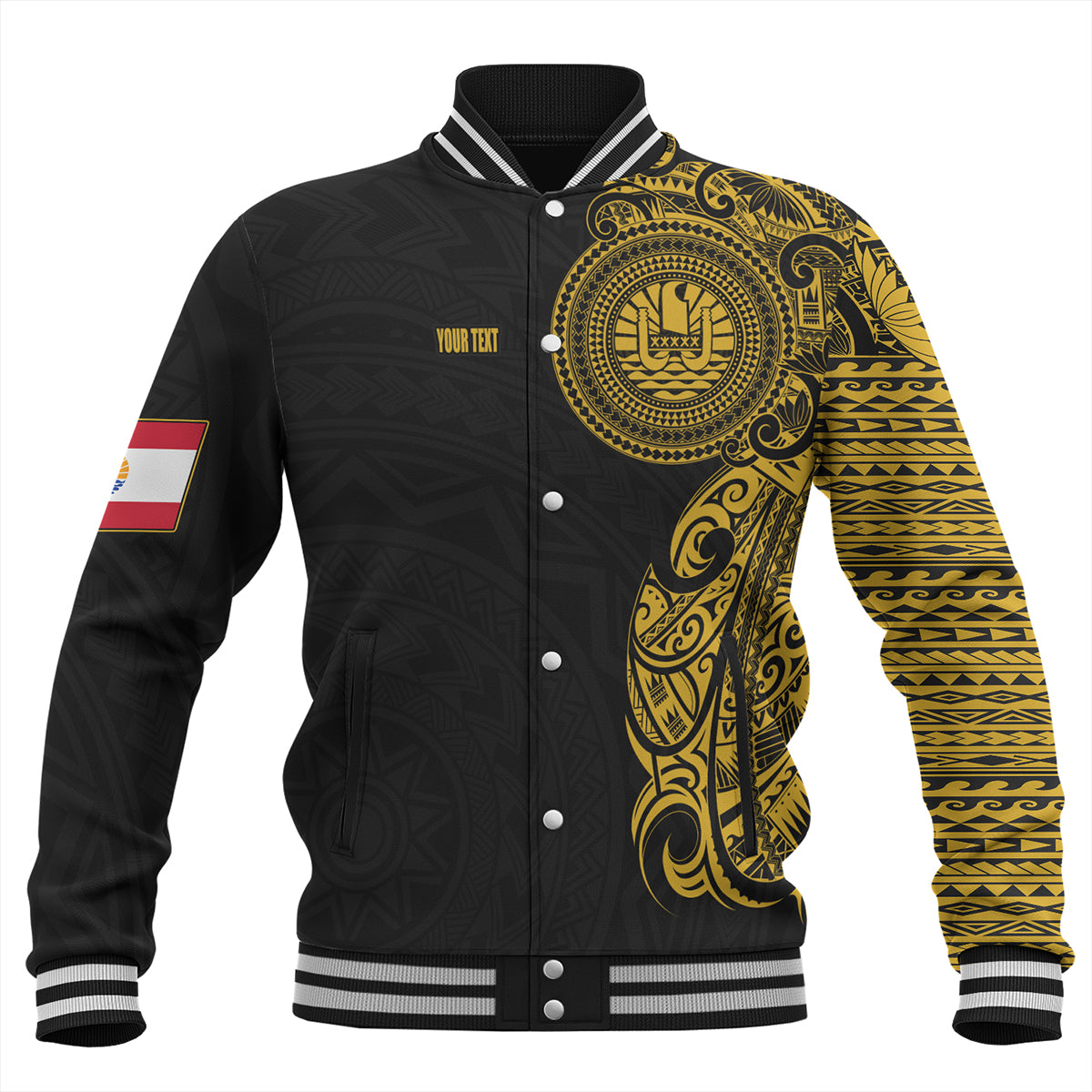 French Polynesia Baseball Jacket Custom Polynesian Half Sleeve Gold Tattoo With Seal Black
