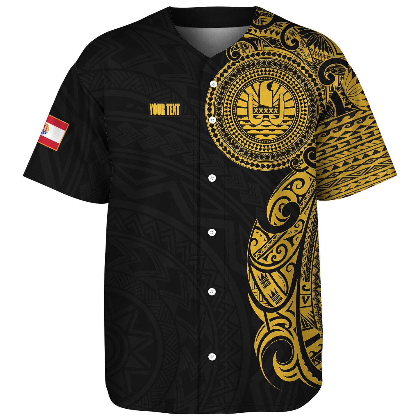 French Polynesia Baseball Shirt Custom Polynesian Half Sleeve Gold Tattoo With Seal Black