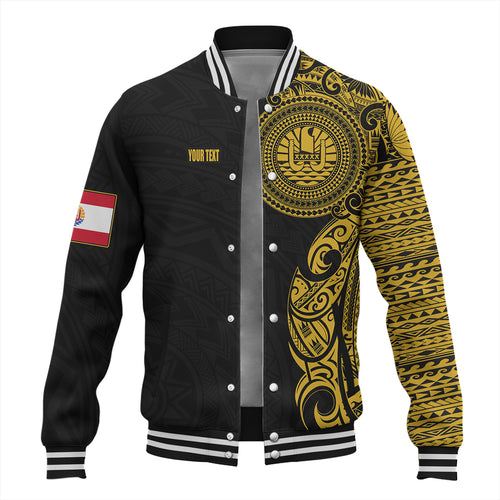 French Polynesia Baseball Jacket Custom Polynesian Half Sleeve Gold Tattoo With Seal Black