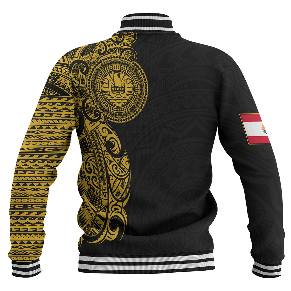 French Polynesia Baseball Jacket Custom Polynesian Half Sleeve Gold Tattoo With Seal Black