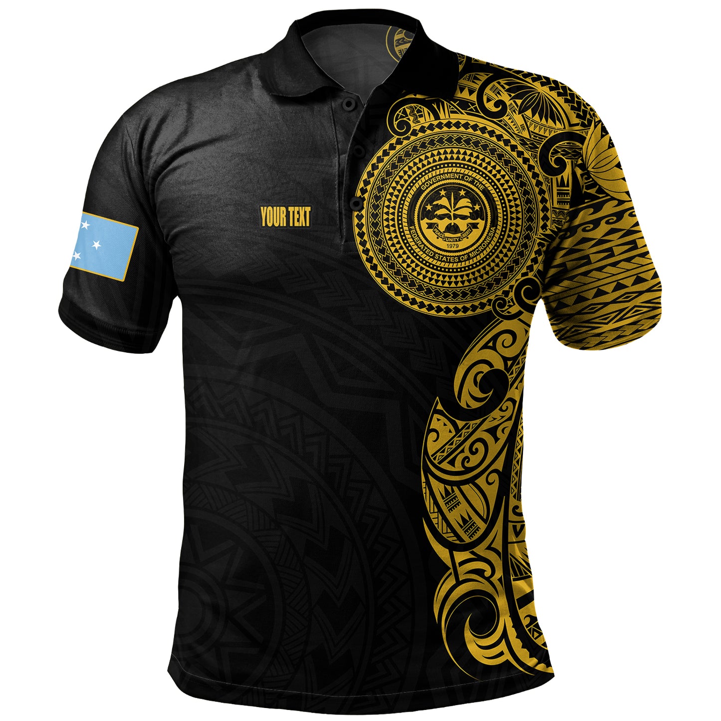 Federated States Of Micronesia Polo Shirt Custom Polynesian Half Sleeve Gold Tattoo With Seal Black