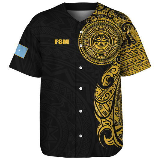 Federated States Of Micronesia Baseball Shirt Custom Polynesian Half Sleeve Gold Tattoo With Seal Black