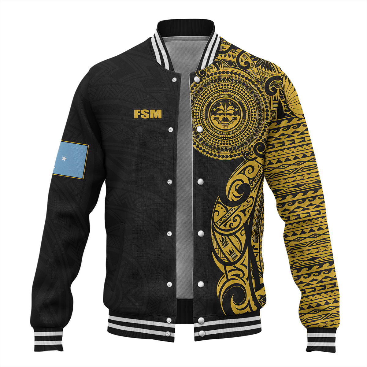 Federated States Of Micronesia Baseball Jacket Custom Polynesian Half Sleeve Gold Tattoo With Seal Black