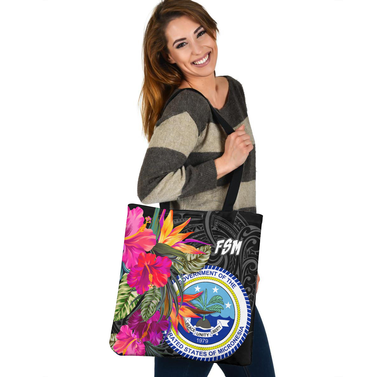 Federated States of Micronesia Custom Personalised Tote Bag Polynesian Hibiscus Pattern