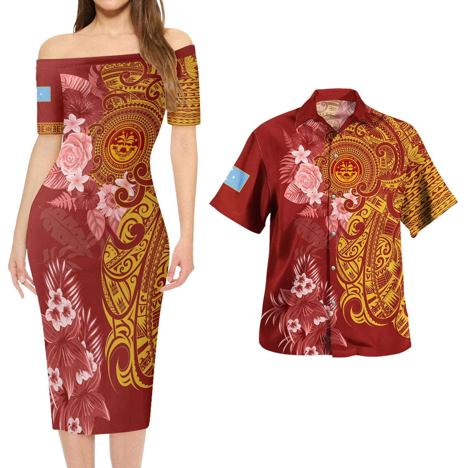 Federated States Of Micronesia Combo Short Sleeve Dress And Shirt Polynesian Tropical Plumeria Tribal Red