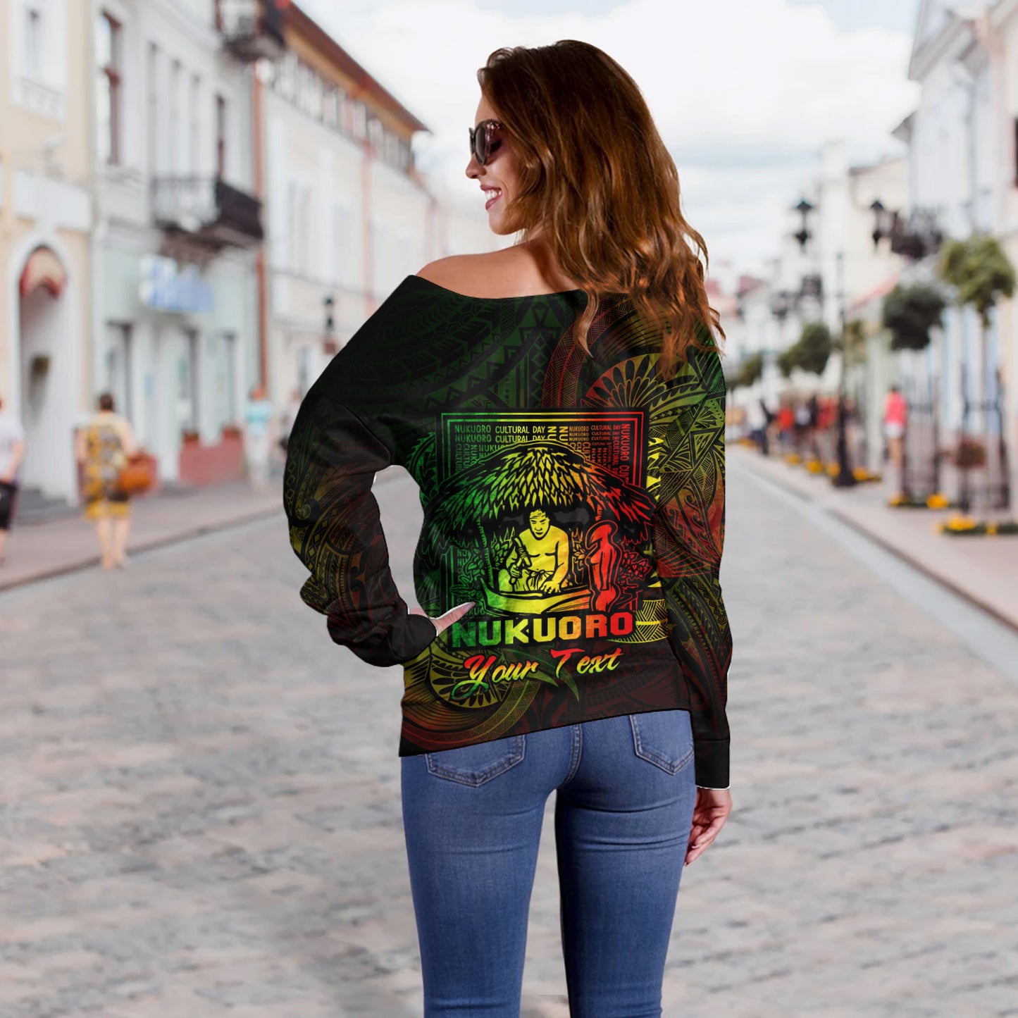Federated States Of Micronesia Off Shoulder Sweatshirt Custom Nukuoro Atoll Cultural Tribal Pattern