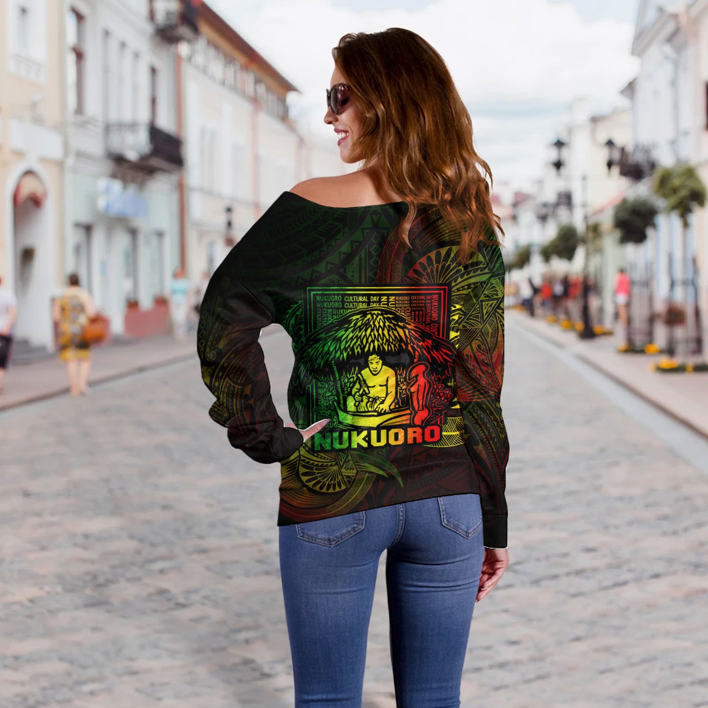 Federated States Of Micronesia Off Shoulder Sweatshirt Custom Nukuoro Atoll Cultural Tribal Pattern
