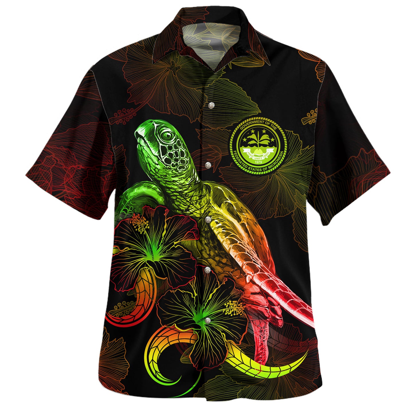 Guam Hawaiian Shirt Sea Turtle With Blooming Hibiscus Flowers Reggae