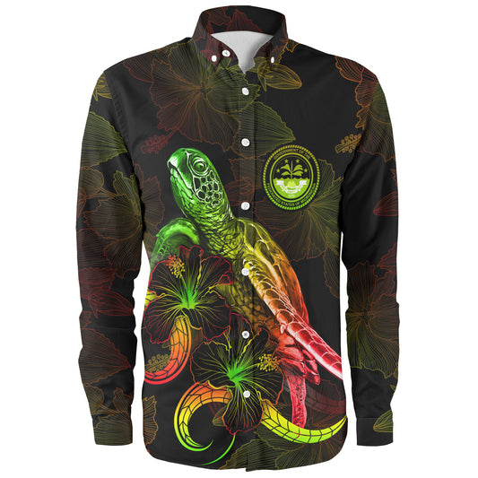 Federated States Of Micronesia Long Sleeve Shirt Sea Turtle With Blooming Hibiscus Flowers Reggae