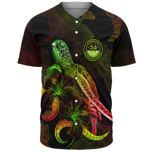 Federated States Of Micronesia Baseball Shirt Sea Turtle With Blooming Hibiscus Flowers Reggae