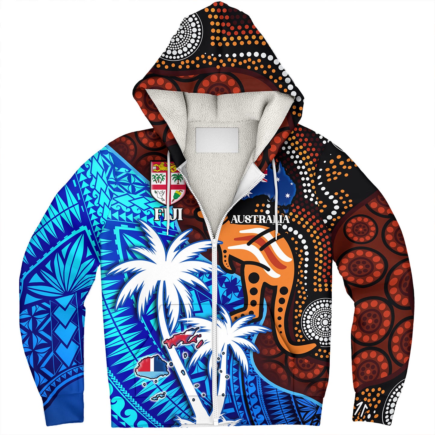 Fiji And Australia Sherpa Hoodie Fijian Flag Tapa Patterns With Aboriginal Kangaroo