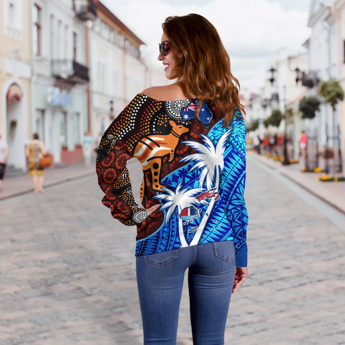 Fiji And Australia Off Shoulder Sweatshirt Fijian Flag Tapa Patterns With Aboriginal Kangaroo