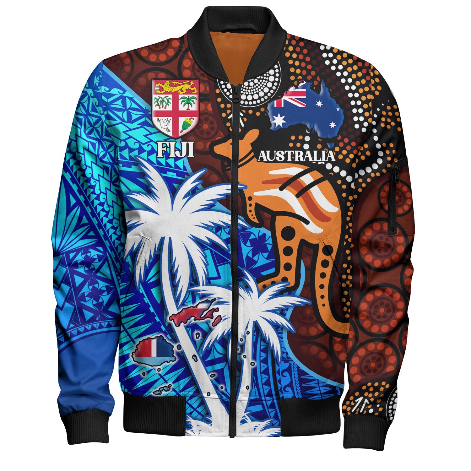 Fiji And Australia Bomber Jacket Fijian Flag Tapa Patterns With Aboriginal Kangaroo