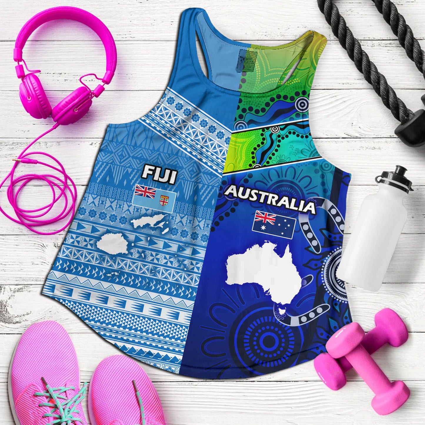 Fiji And Australia Custom Personalised Women Tank Fijian Tapa With Australia Aboriginal Style