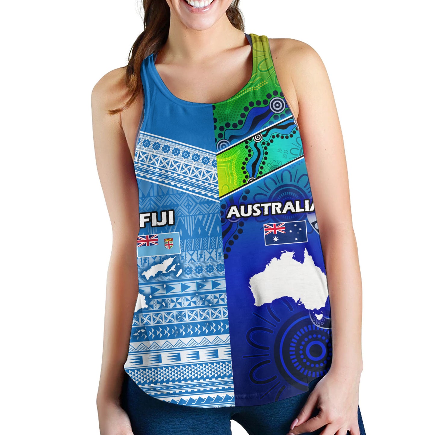 Fiji And Australia Custom Personalised Women Tank Fijian Tapa With Australia Aboriginal Style