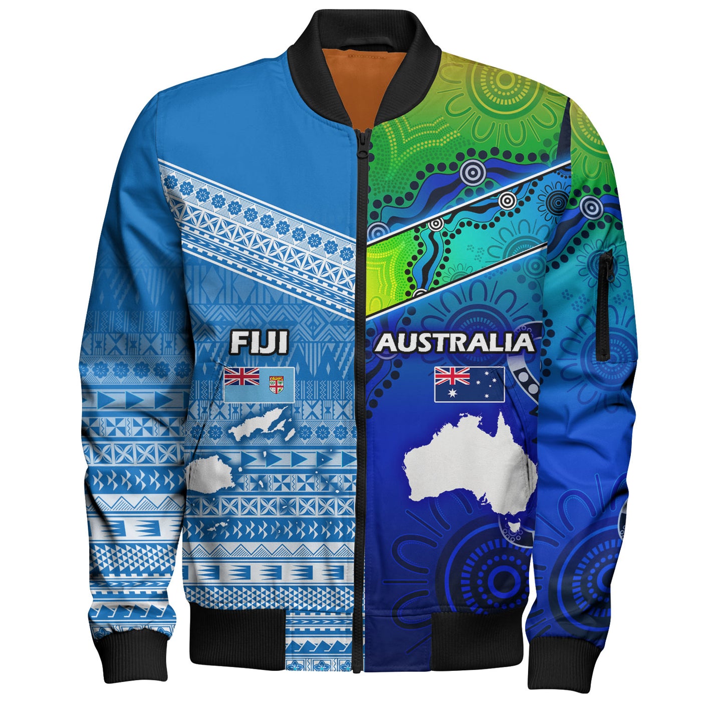Fiji And Australia Custom Personalised Bomber Jacket Fijian Tapa With Australia Aboriginal Style