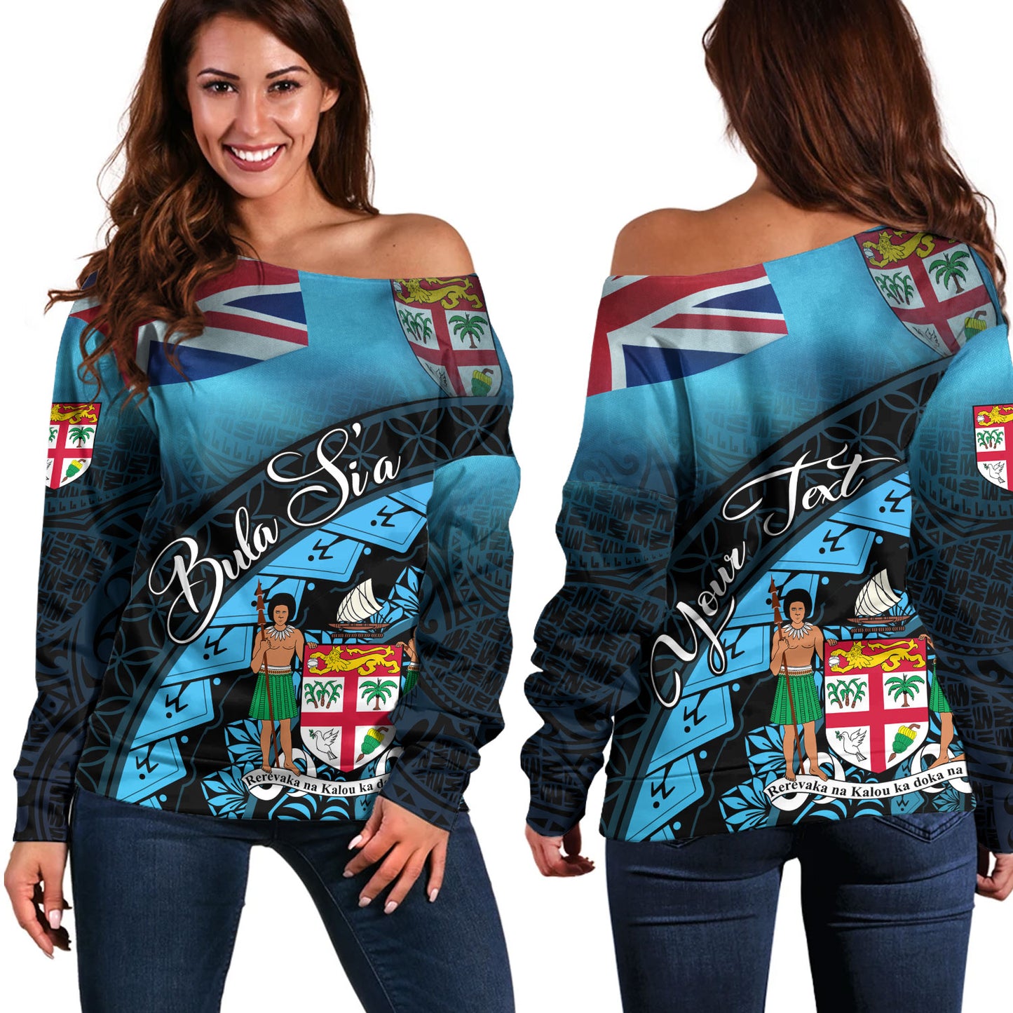 Fiji Custom Personalised Off Shoulder Sweatshirt Bula Si'a Fijian Flag Tapa Patterns Style