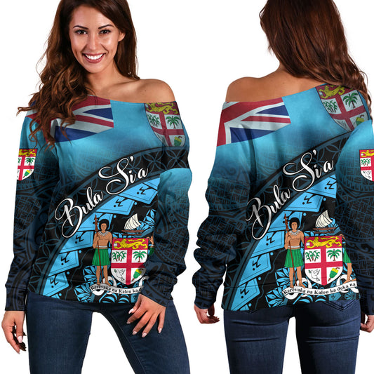 Fiji Custom Personalised Off Shoulder Sweatshirt Bula Si'a Fijian Flag Tapa Patterns Style