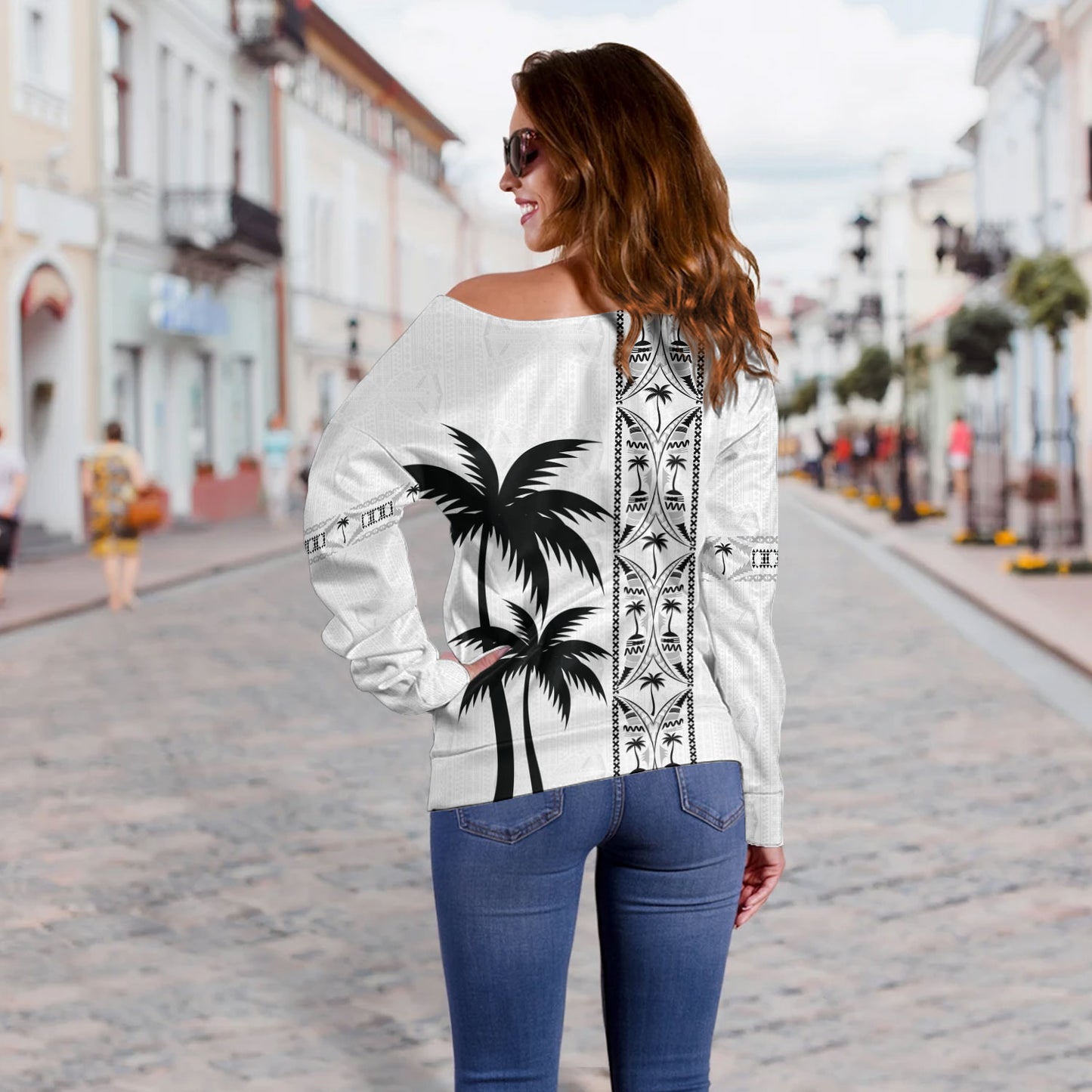 Fiji Off Shoulder Sweatshirt Bula Vinaka Tapa Palms Designs