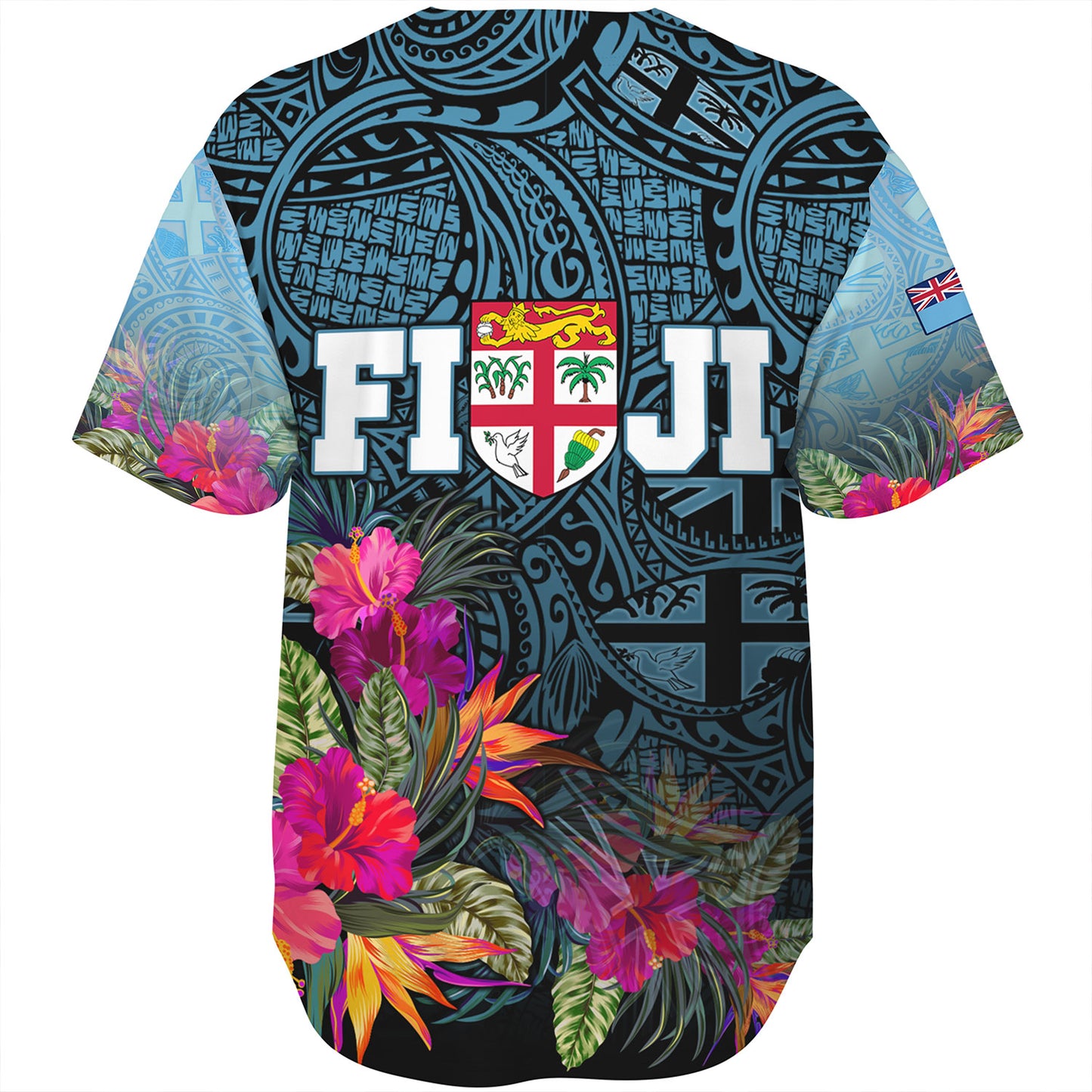 Fiji Baseball Shirt - Fiji Seal With Tapa Patterns Tropical Flowers Design