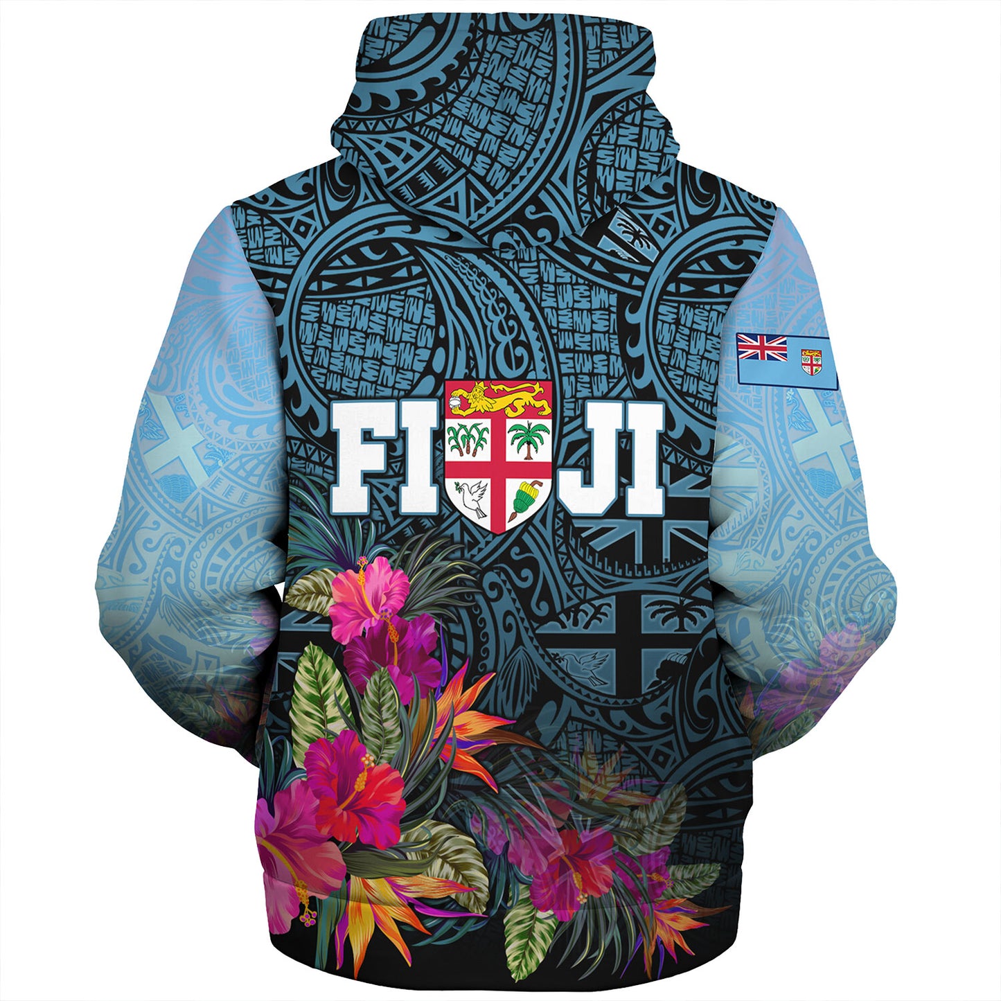 Fiji Sherpa Hoodie - Fiji Seal With Tapa Patterns Tropical Flowers Design