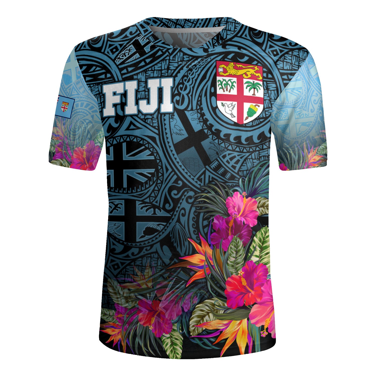 Fiji Rugby Jersey - Fiji Seal With Tapa Patterns Tropical Flowers Design